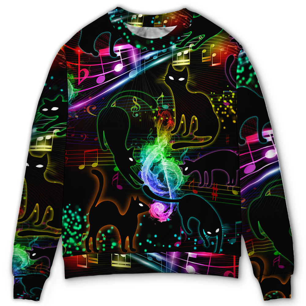 Sweater / S Black Cat The Magical Light Cats On Music Notes - Sweater - Ugly Christmas Sweaters - Owls Matrix LTD