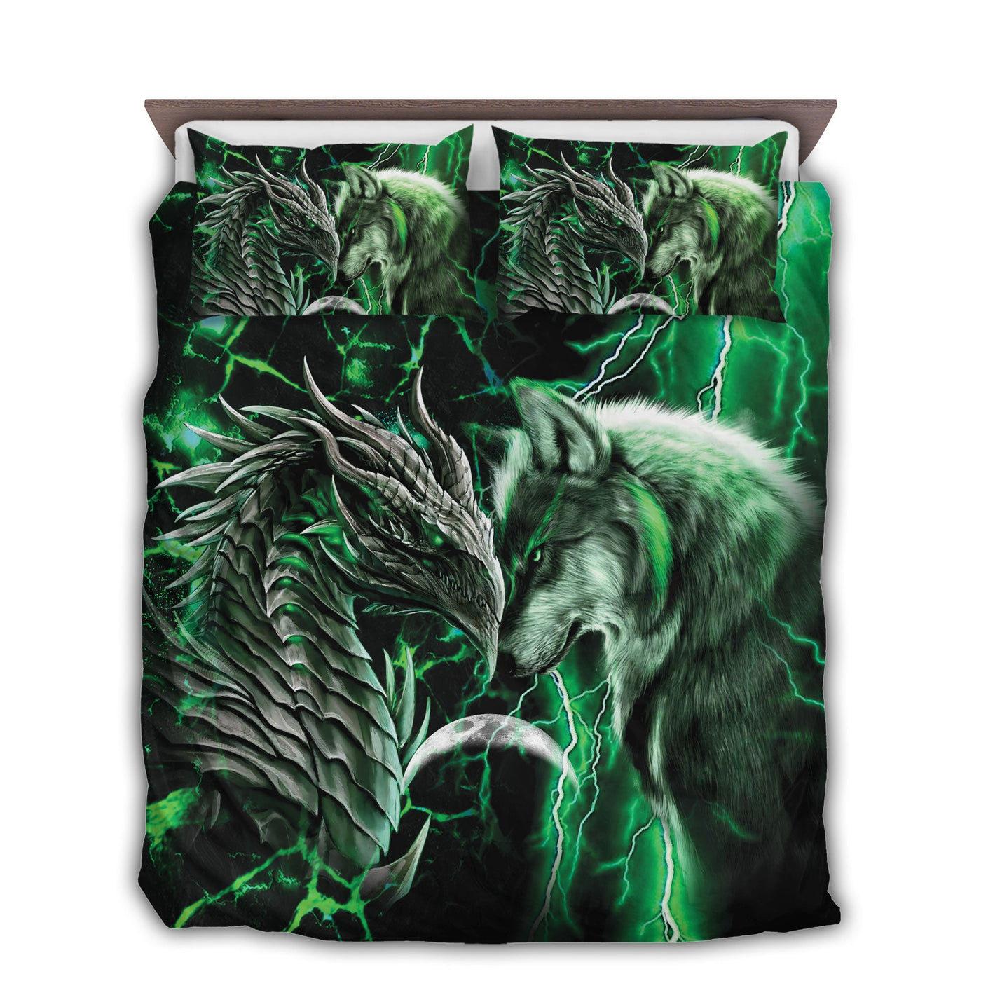 US / Twin (68" x 86") Dragon And Wolf Green - Bedding Cover - Owls Matrix LTD