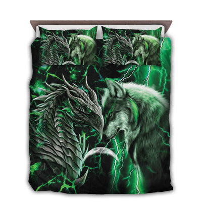 US / Twin (68" x 86") Dragon And Wolf Green - Bedding Cover - Owls Matrix LTD