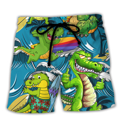 Surfing Funny Crocodile You Can't Stop The Waves But You Can Learn to Surf Lovers Surfing - Beach Short