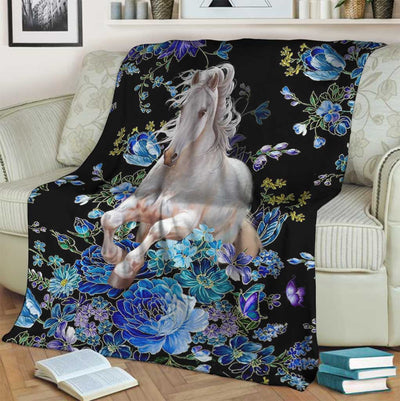 Horse Blue And White Floral - Flannel Blanket - Owls Matrix LTD