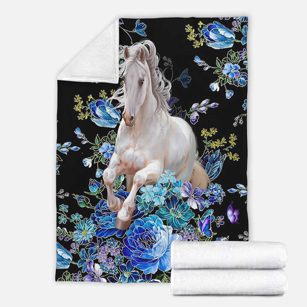Horse Blue And White Floral - Flannel Blanket - Owls Matrix LTD