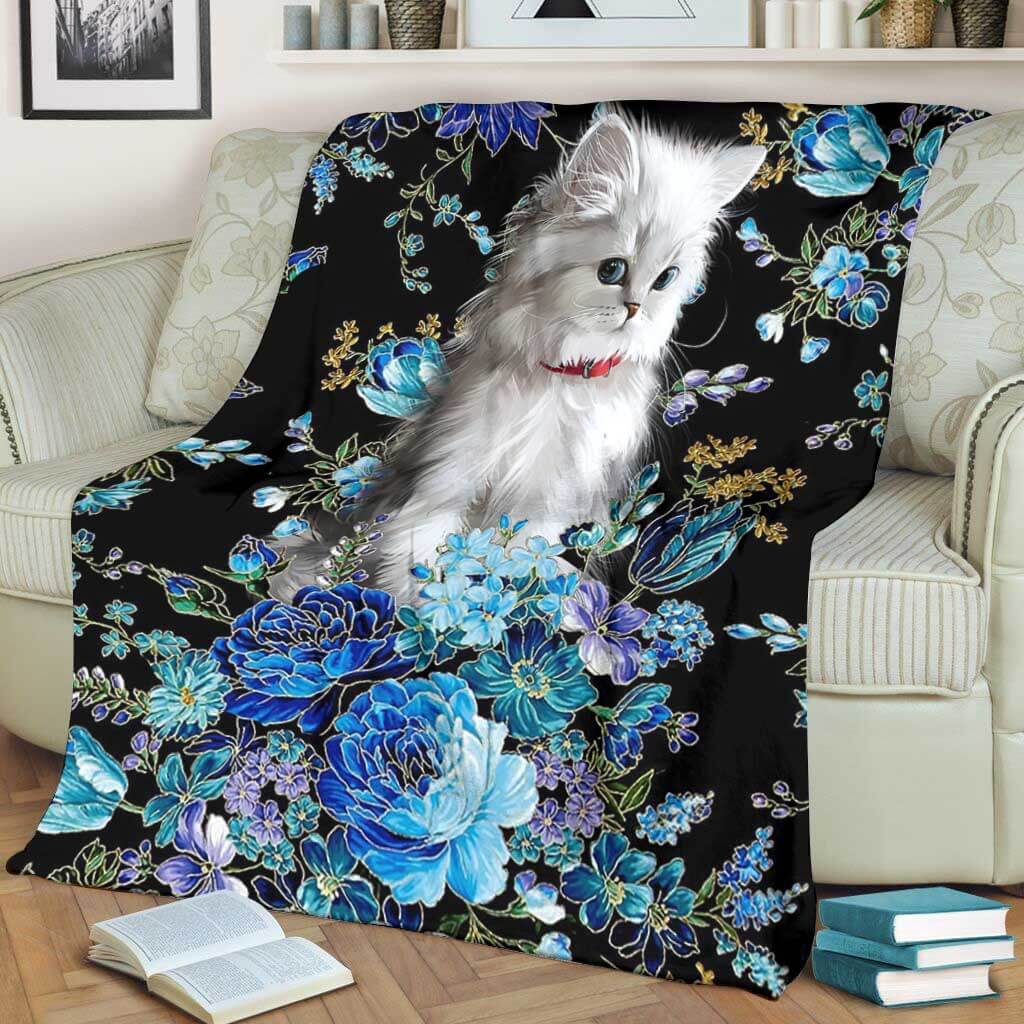 Cat So Lovely Blur Floral Cats - Flannel Blanket - Owls Matrix LTD