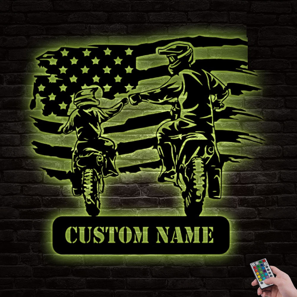 12"x12" Motocross Riding Partner Dad And Son American Flag Personalized - Led Light Metal - Owls Matrix LTD