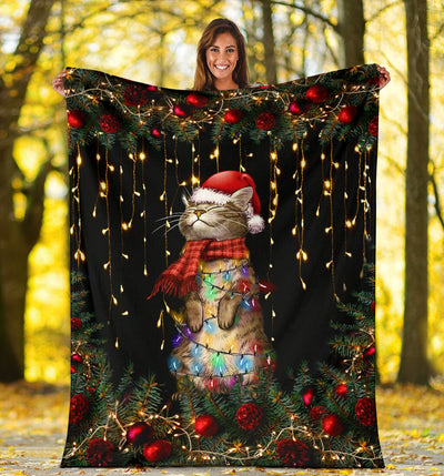 Cat Meowy Christmas Cat Black Style - Flannel Blanket - Owls Matrix LTD