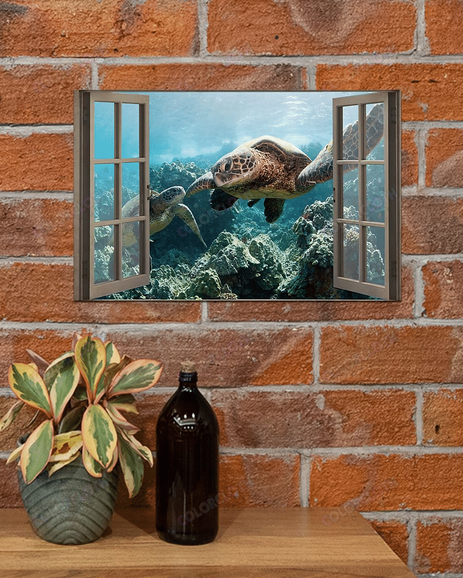 Turtle Window View Blue Sea - Horizontal Poster - Owls Matrix LTD