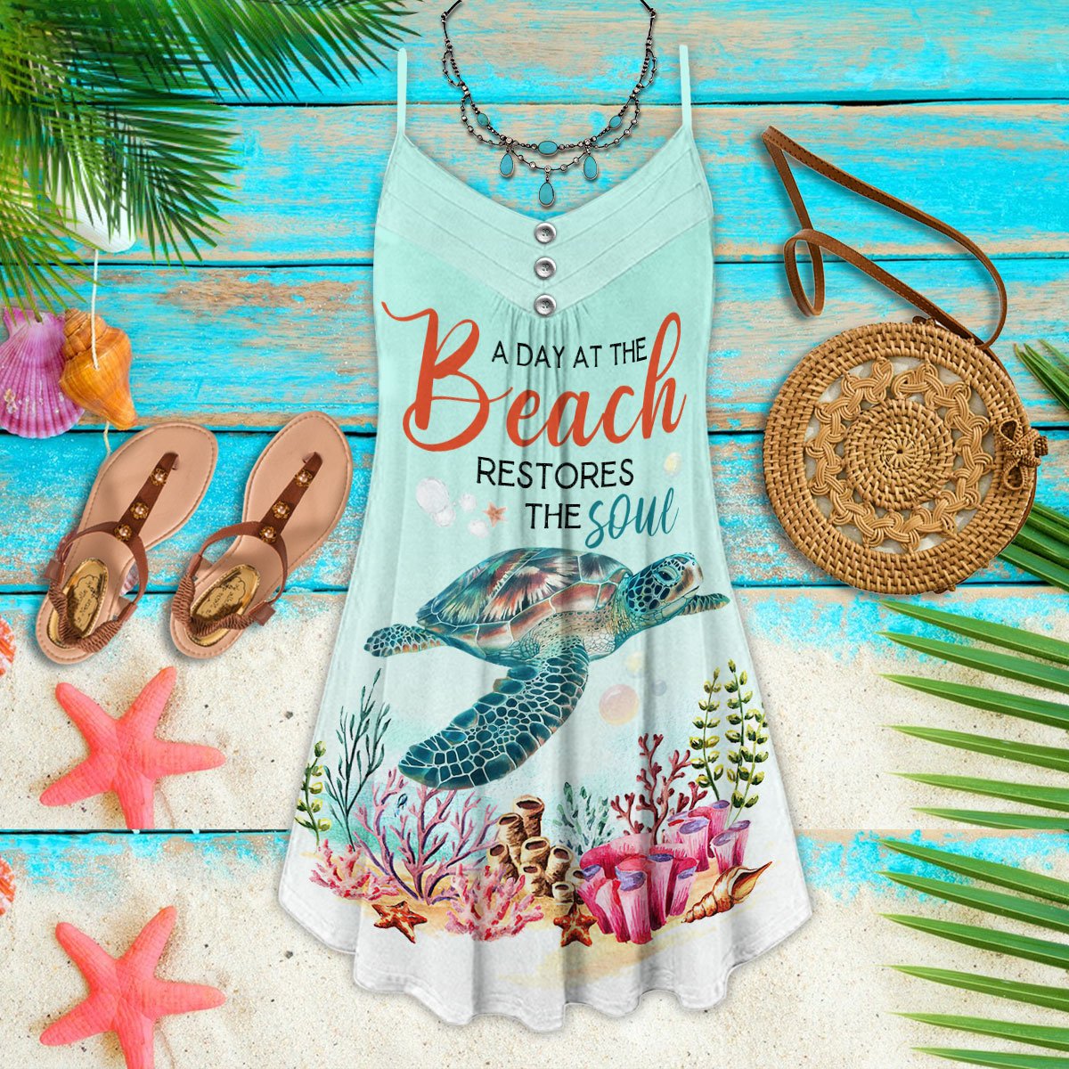 Turtle A Day At The Beach Restores The Soul - Summer Dress - Owls Matrix LTD
