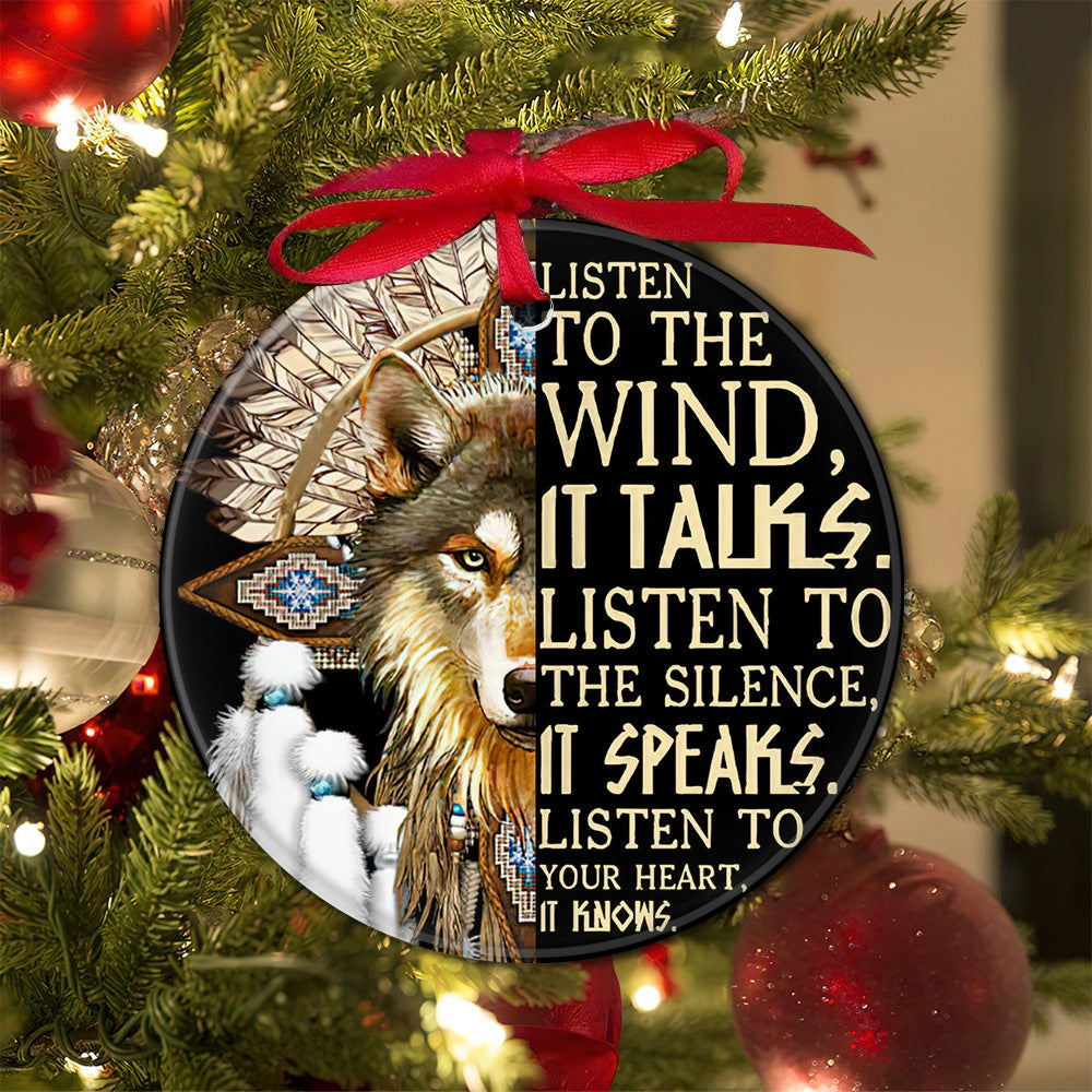 Native American Wolf Listen To The Wind - Circle Ornament - Owls Matrix LTD
