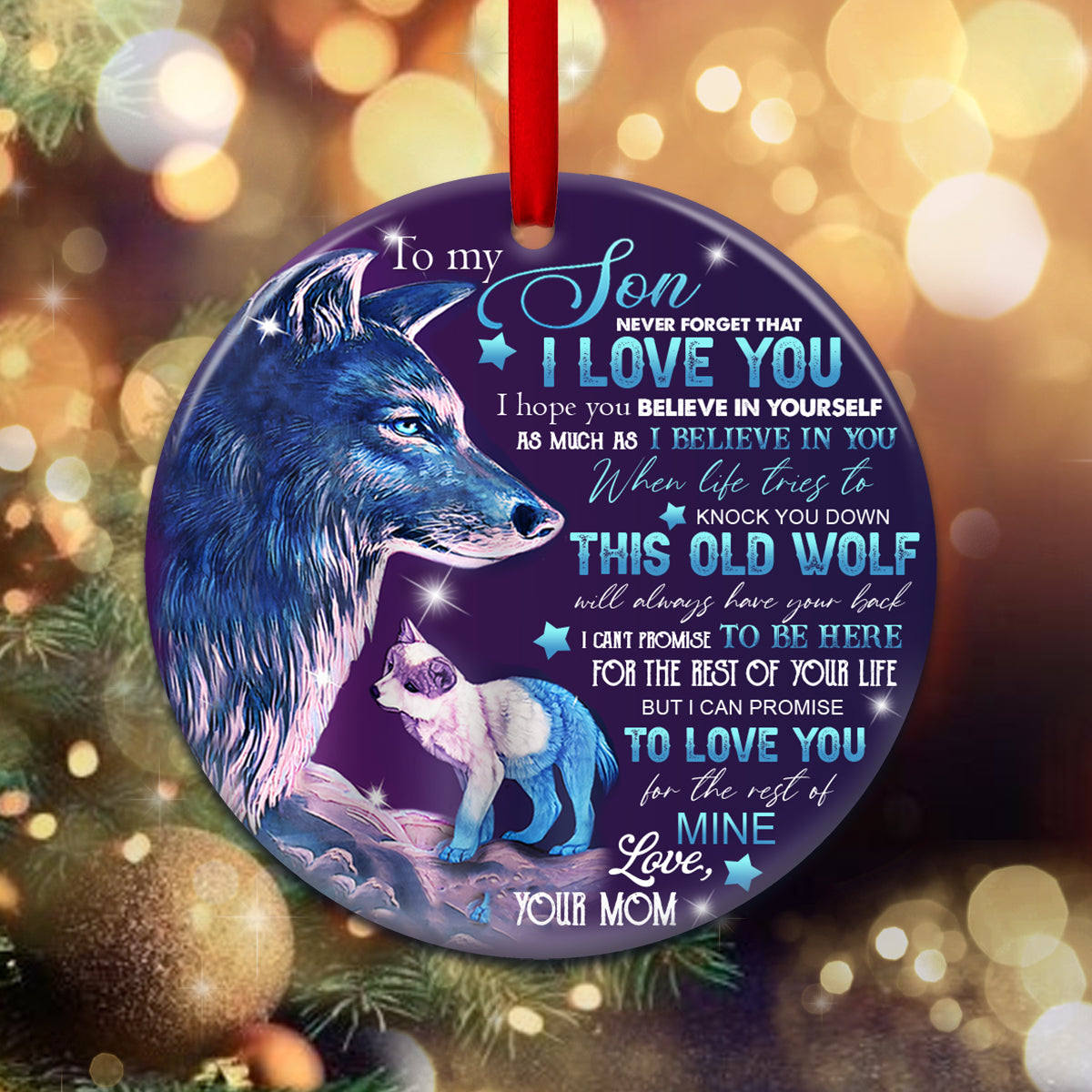 Wolf Mom To Son - Circle Ornament - Owls Matrix LTD
