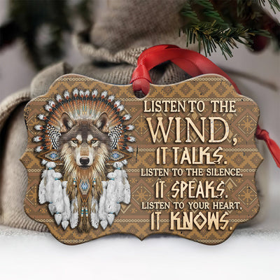 Native Wolf Native American Listen To The Wind - Horizontal Ornament - Owls Matrix LTD
