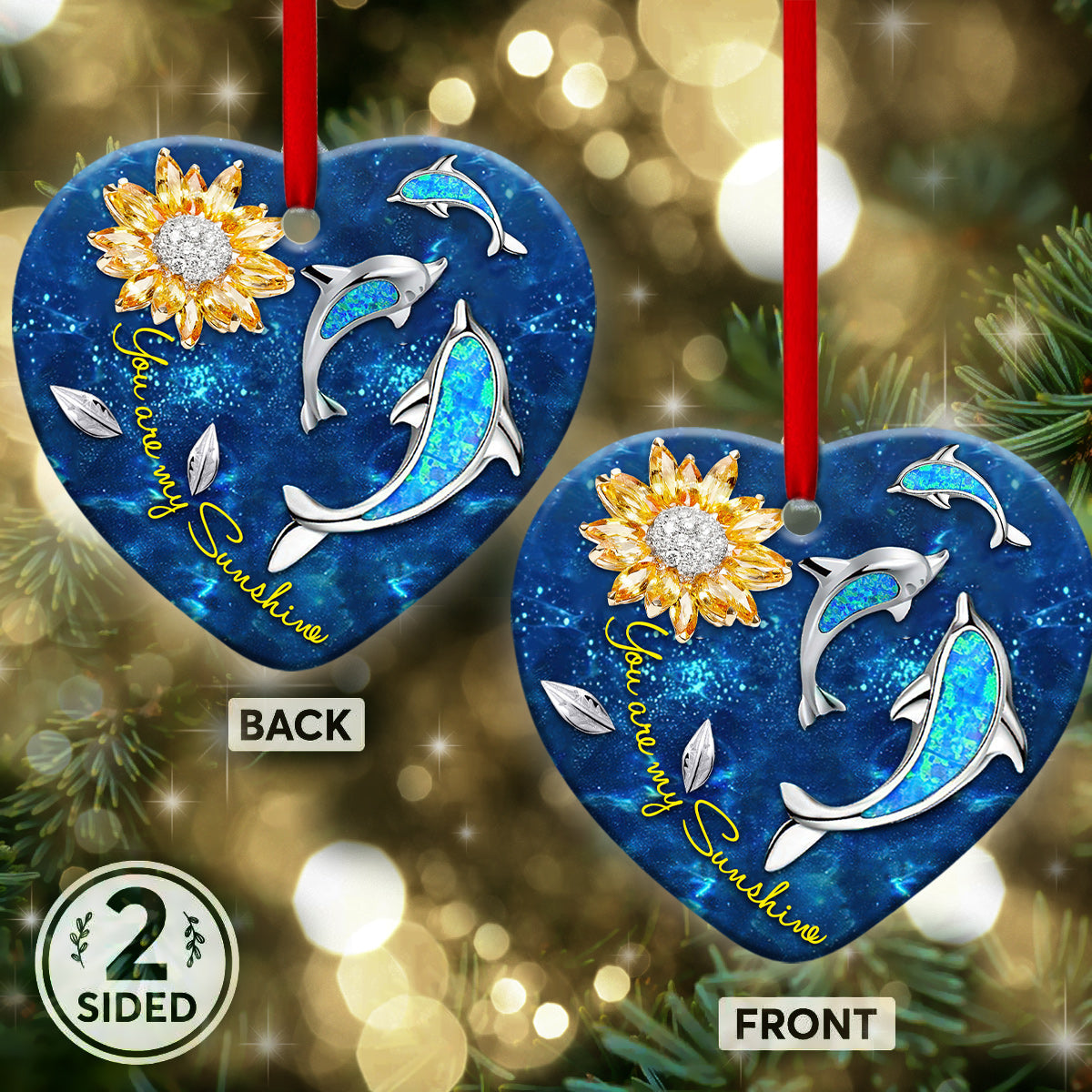 Dolphin Sunflowers Jewelry Style - Heart Ornament - Owls Matrix LTD