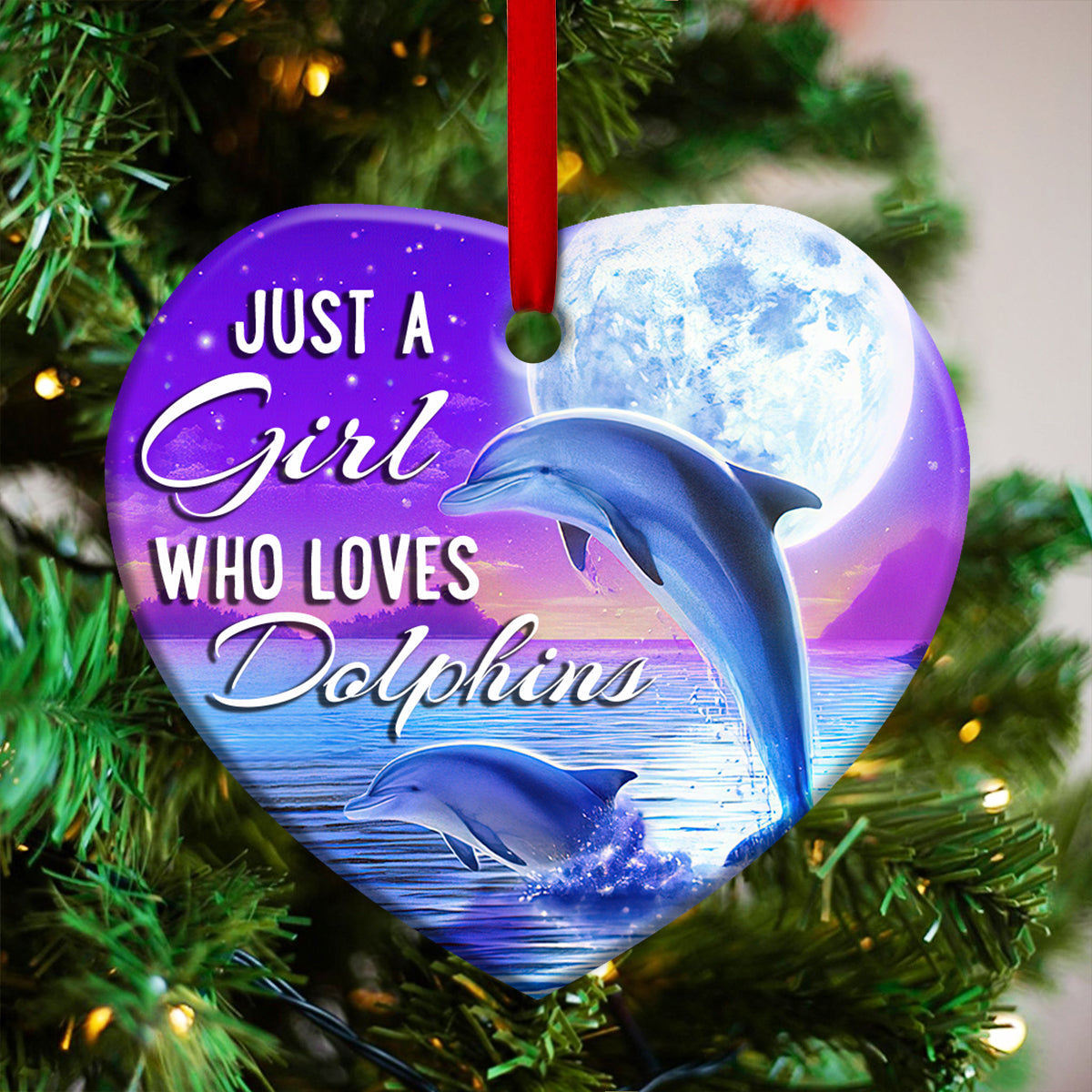 Dolphin Moon Just A Girl Lover - Heart Ornament - Owls Matrix LTD