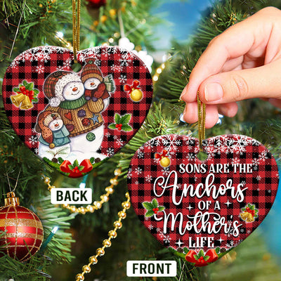 Family Snowman Sons Are The Anchors Of A Mothers Life - Heart Ornament - Owls Matrix LTD