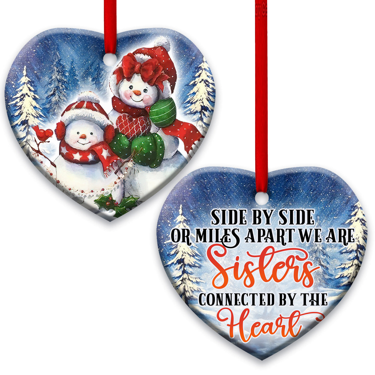 Pack 1 Family Side By Side Or Miles Apart We Are Sisters Connected By The Heart - Heart Ornament - Owls Matrix LTD