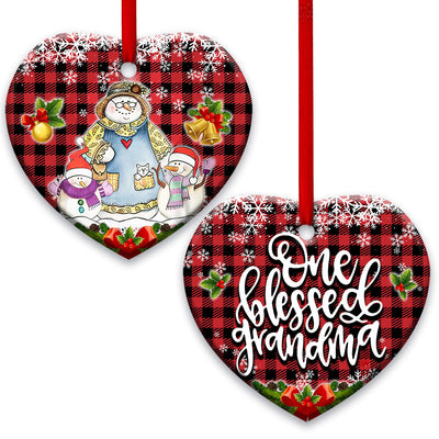 Family Snowman One Blessed Grandma With Two Grandkids - Heart Ornament - Owls Matrix LTD