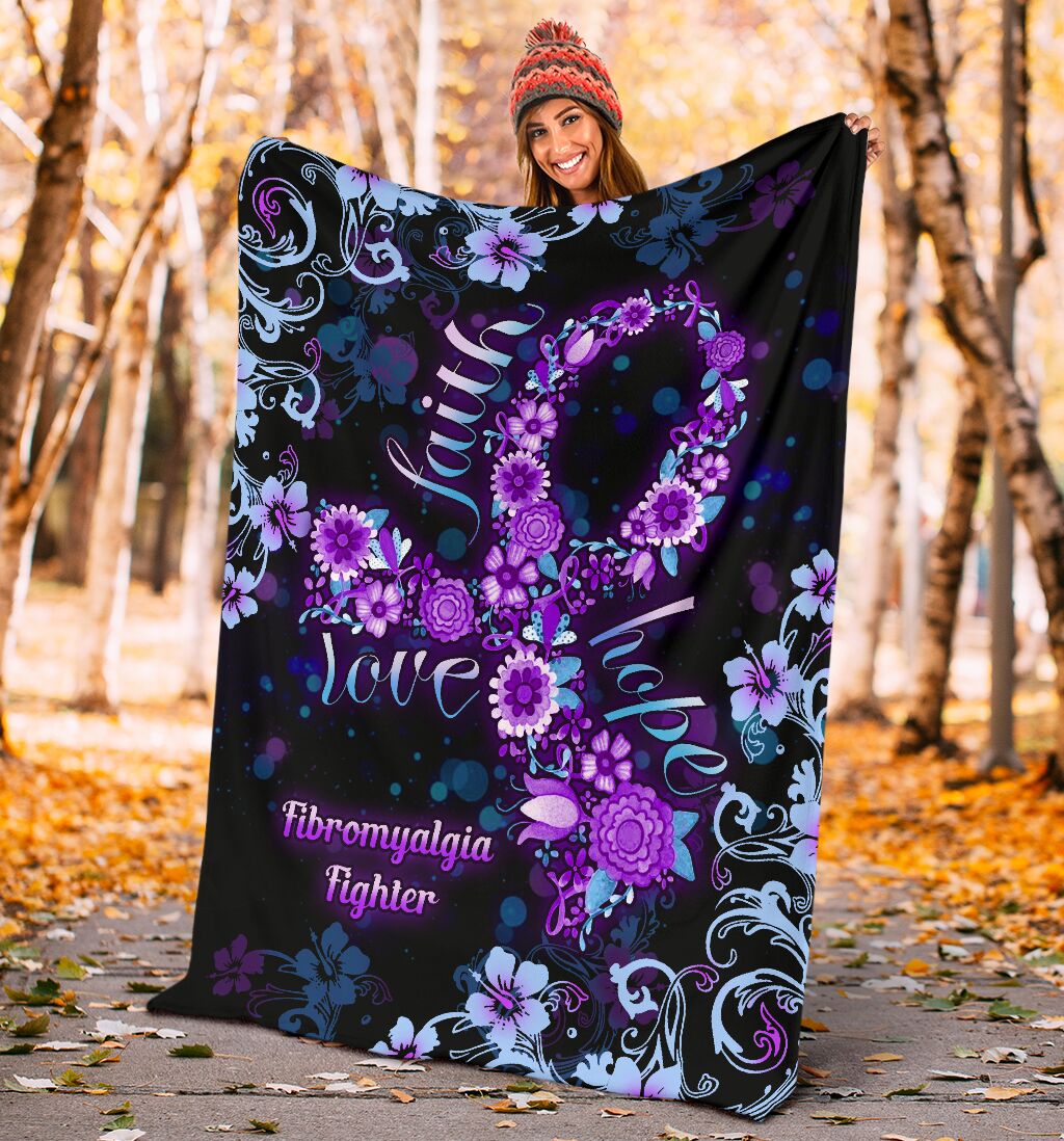 Flower Faith Hope Love Fibromyalgia Awareness - Flannel Blanket - Owls Matrix LTD