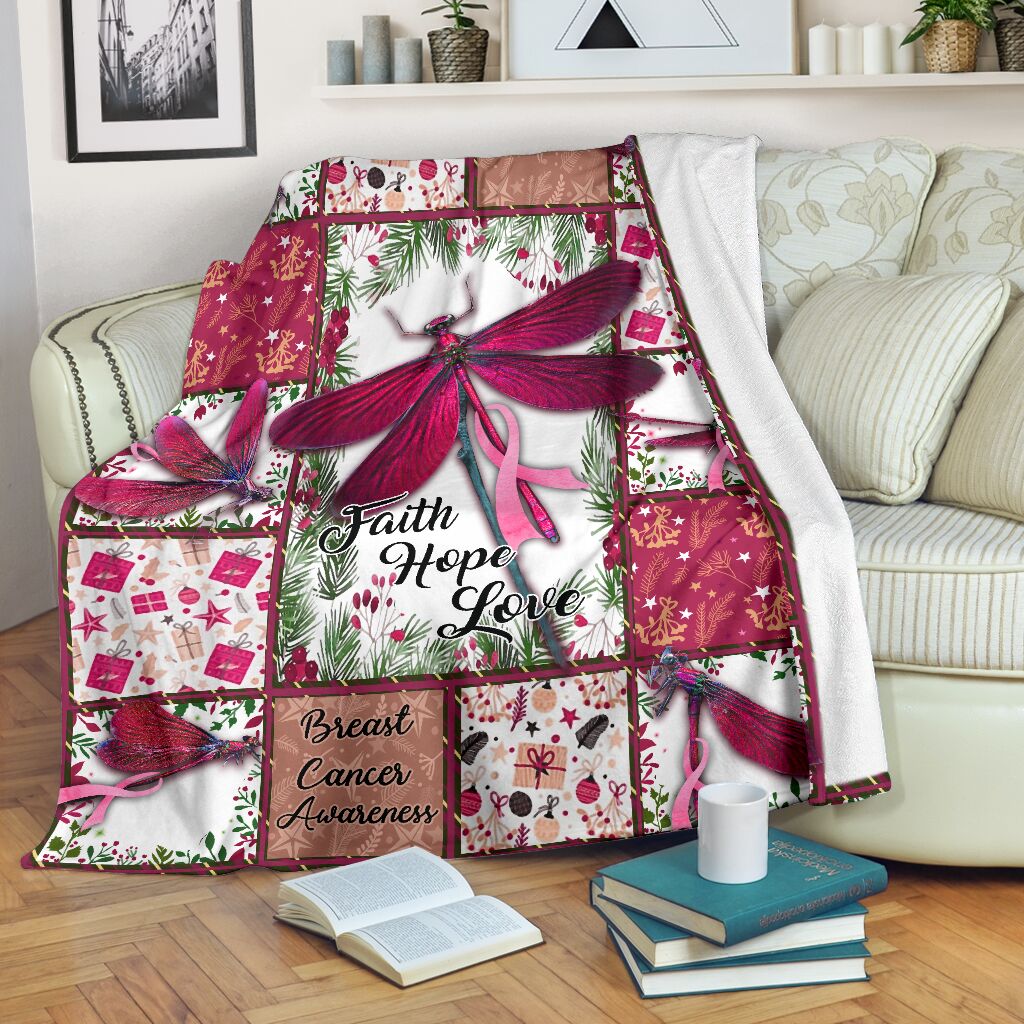 Breast Cancer Faith Hope Love Dragon Floral - Flannel Blanket - Owls Matrix LTD