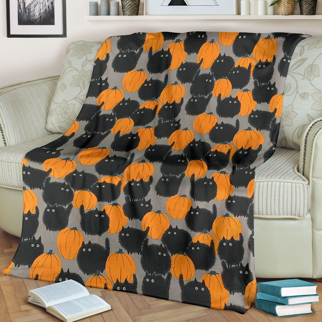Halloween Pumkin Black Cat And Pumkin Halloween Black Cat - Flannel Blanket - Owls Matrix LTD