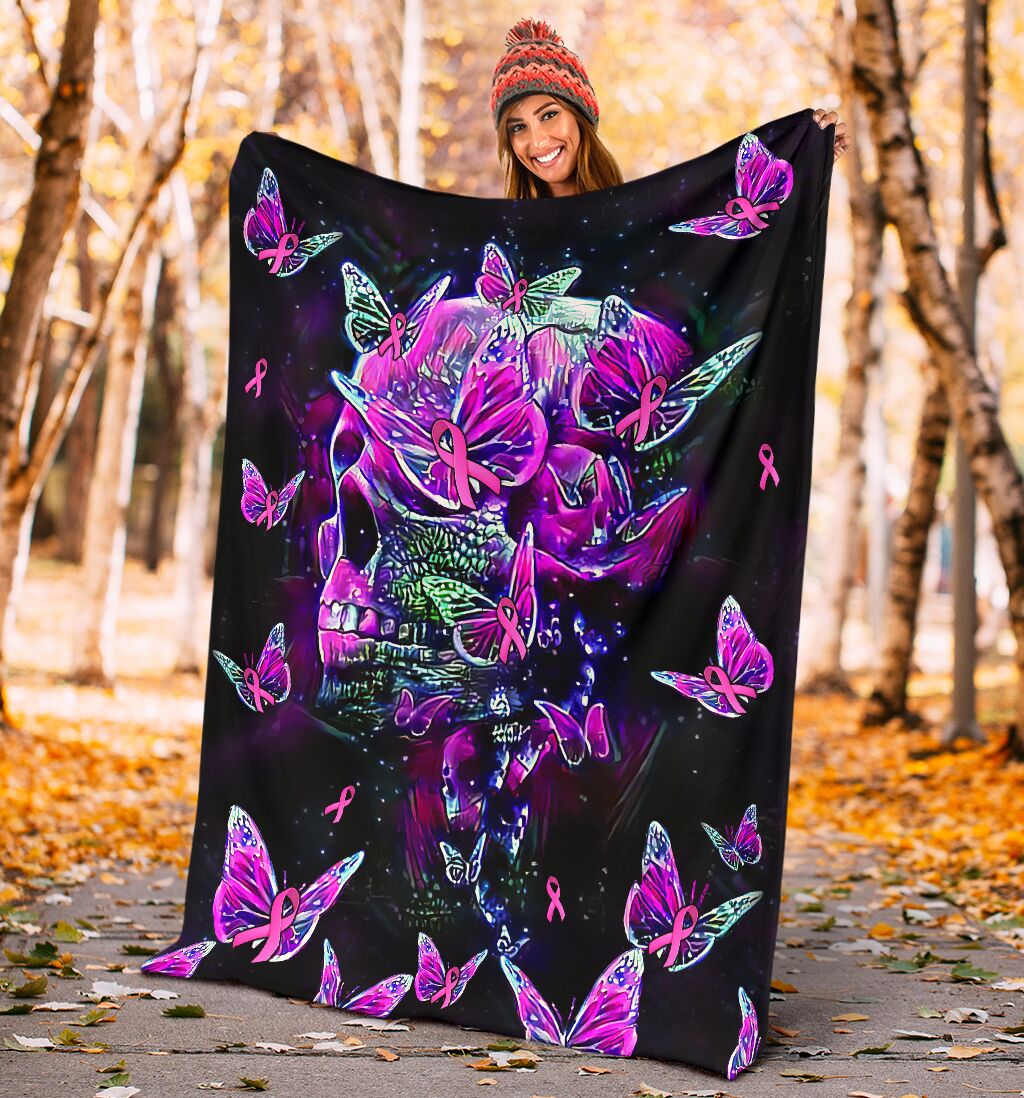 Breast Cancer Skull Awareness Butterfly Purple - Flannel Blanket - Owls Matrix LTD