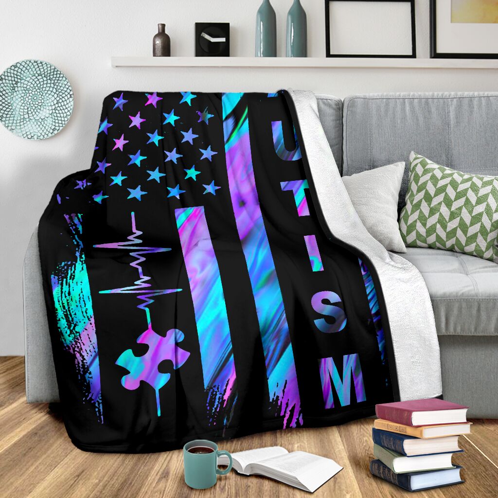 Autism Awareness American Flag Color - Flannel Blanket - Owls Matrix LTD