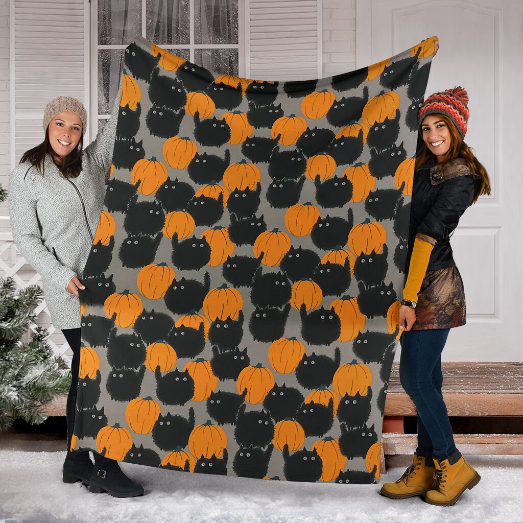 Halloween Pumkin Black Cat And Pumkin Halloween Black Cat - Flannel Blanket - Owls Matrix LTD