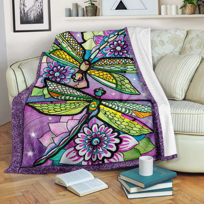 Dragonfly With Beautiful Flower Dragonfly - Flannel Blanket - Owls Matrix LTD