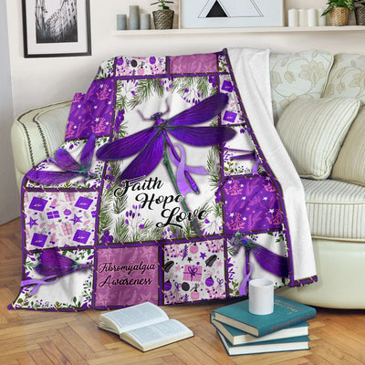 Dragonfly Faith Hope Love Fibromyalgia Awareness - Flannel Blanket - Owls Matrix LTD