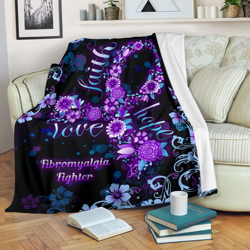 Flower Faith Hope Love Fibromyalgia Awareness - Flannel Blanket - Owls Matrix LTD