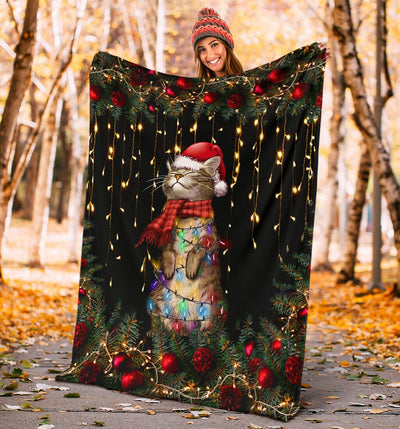 Cat Meowy Christmas Cat Black Style - Flannel Blanket - Owls Matrix LTD