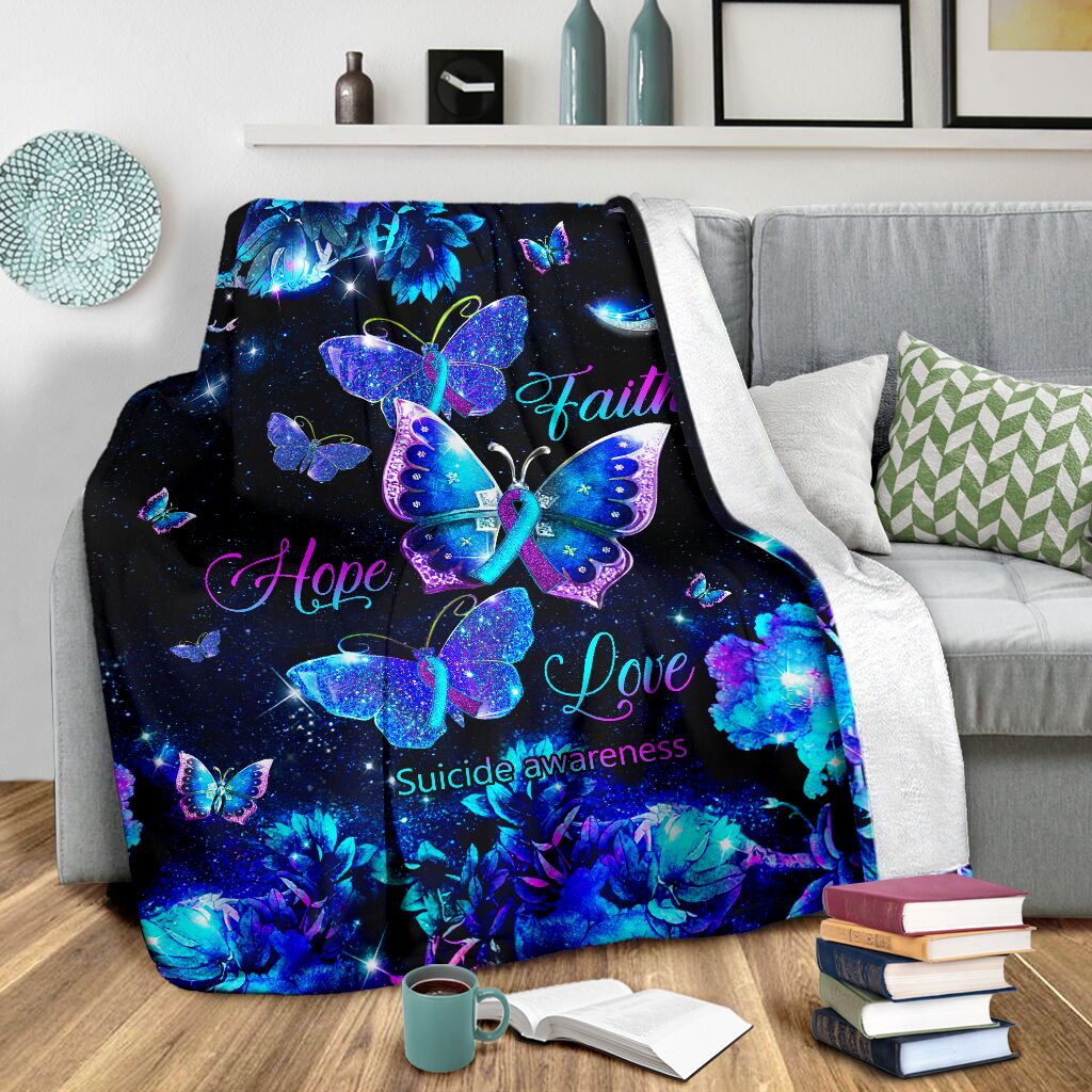 Suicide Prevention Faith Hope Love Suicide Butterfly - Flannel Blanket - Owls Matrix LTD