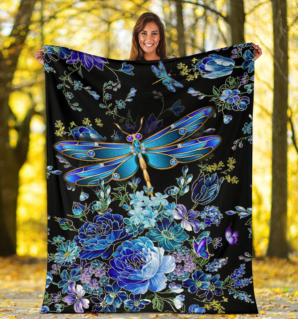 Dragonfly Blue Floral So Lovely - Flannel Blanket - Owls Matrix LTD
