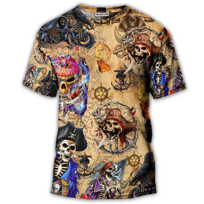 S Skull Pirate Hunting Treasure Map - Round Neck T-shirt - Owls Matrix LTD