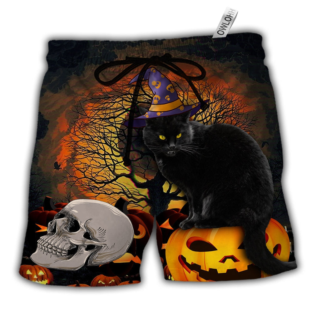 Beach Short / Adults / S Halloween Black Cat Scary Pumpkin - Beach Short - Owls Matrix LTD