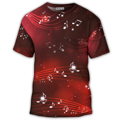 S Music Musical Notes And Blurry Lights On Dark Red - Round Neck T-shirt - Owls Matrix LTD