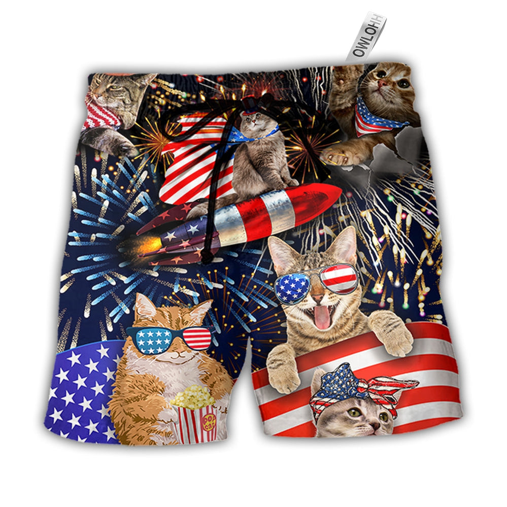 Beach Short / Adults / S Cat Independence Day Happy Firework - Beach Short - Owls Matrix LTD