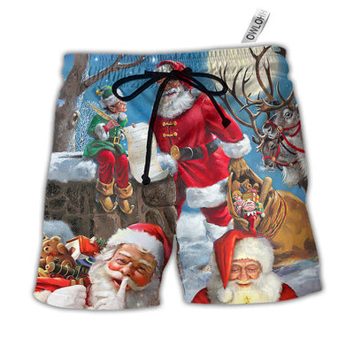 Beach Short / Adults / S Christmas Funny Santa Claus Elf Xmas Is Coming Blue Sky Art Style - Beach Short - Owls Matrix LTD