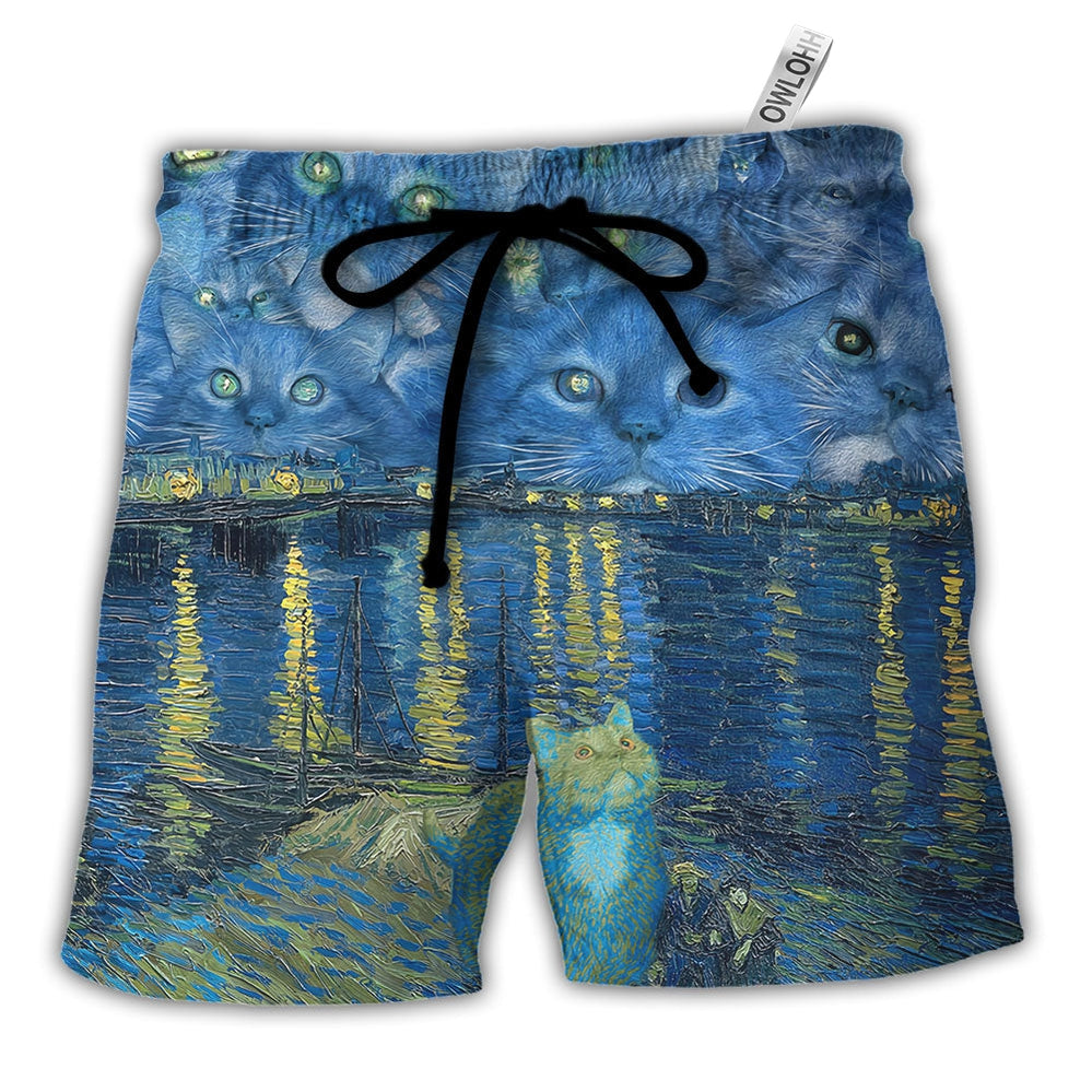 Beach Short / Adults / S Cat Starry Night Art - Beach Short - Owls Matrix LTD