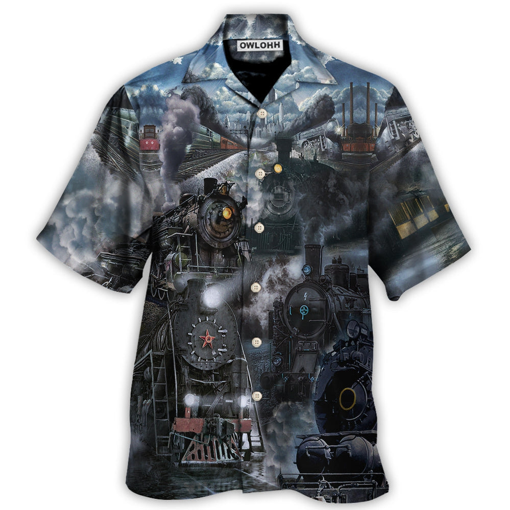 Hawaiian Shirt / Adults / S Train Emerging From A Cloud Of Steam In The Middle Night - Hawaiian Shirt - Owls Matrix LTD