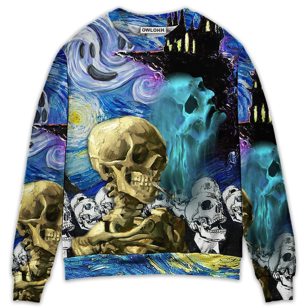 Sweater / S Halloween Skull Smoke Scream Starry Night Funny Boo Art Style - Sweater - Ugly Christmas Sweaters - Owls Matrix LTD