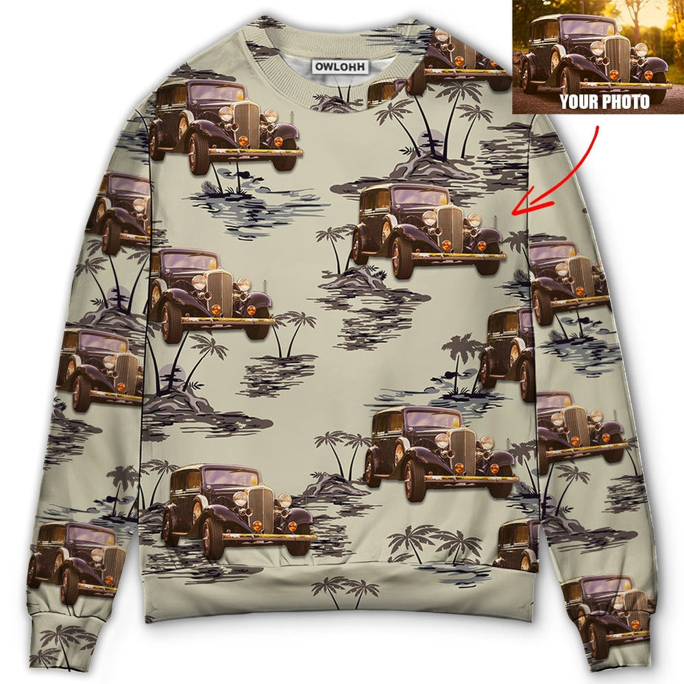 Sweater / S Vintage Car Deserted Island Pattern With Palm Trees Custom Photo - Sweater - Ugly Christmas Sweaters - Owls Matrix LTD