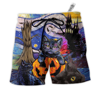 Beach Short / Adults / S Halloween Black Cat Starry Night Funny Cat Painting Art Style - Beach Short - Owls Matrix LTD