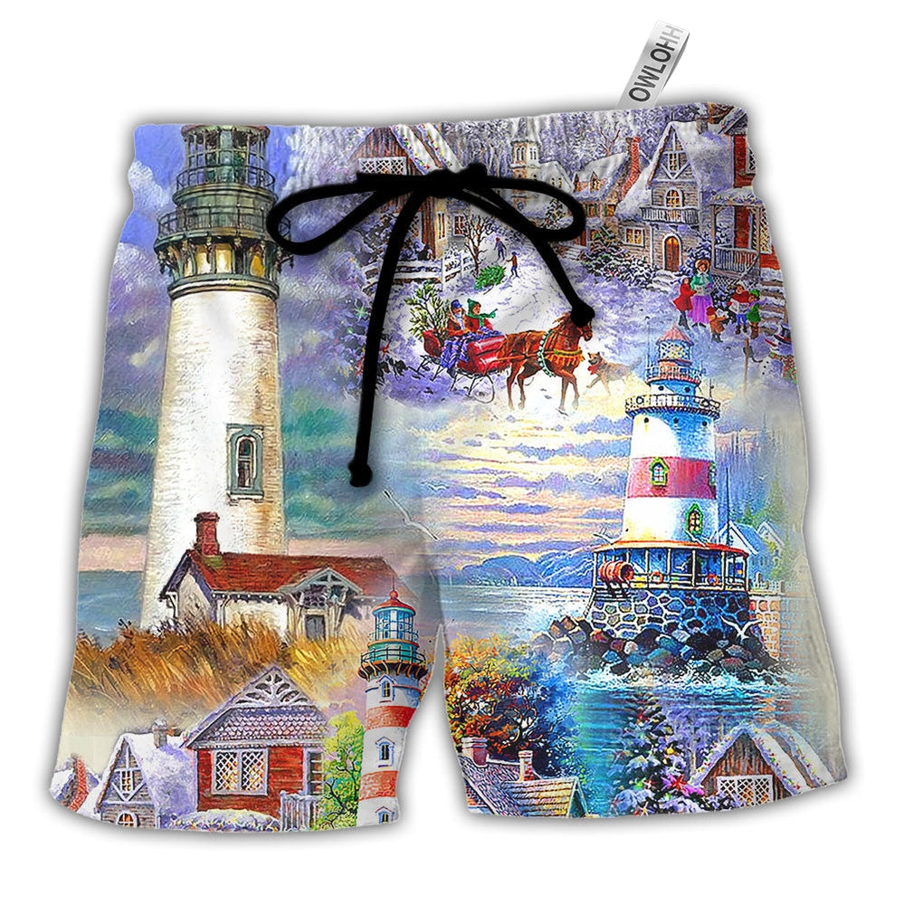 Beach Short / Adults / S Lighthouse Christmas Santa Through The Storm - Beach Short - Owls Matrix LTD