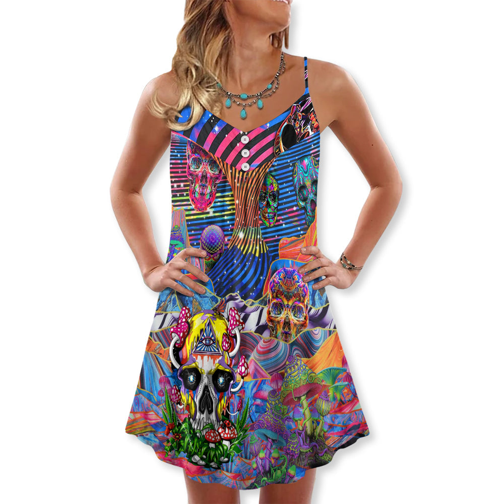 Hippie Love Life Mix Color Skull - V-neck Sleeveless Cami Dress - Owls Matrix LTD