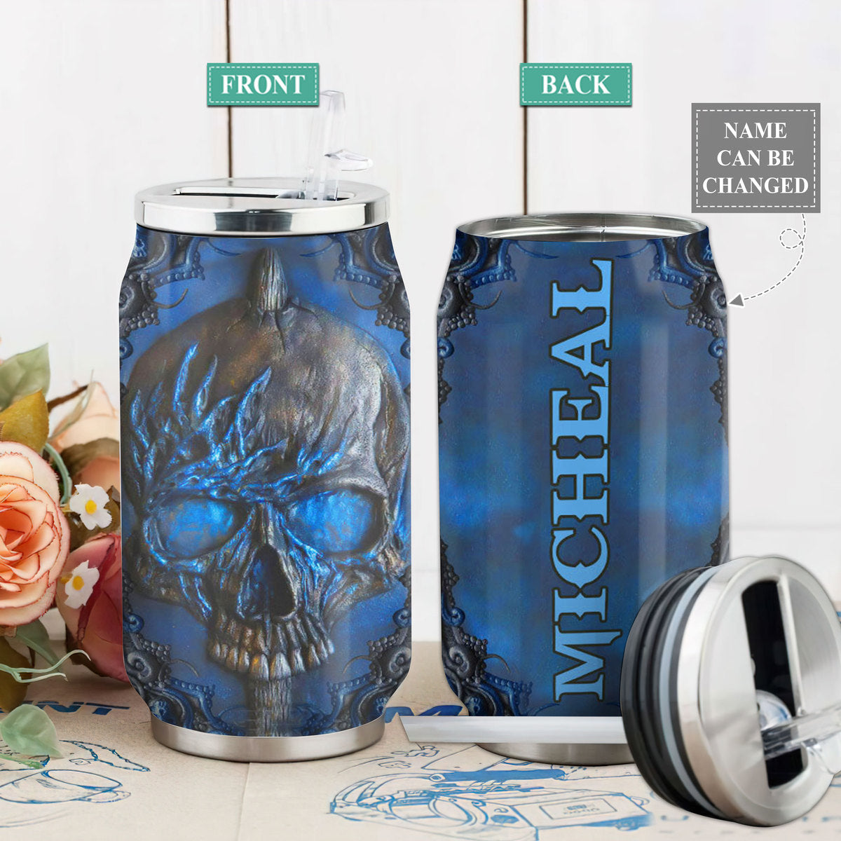 S Skull Blue Metal Skull Personalized - Soda Can Tumbler - Owls Matrix LTD
