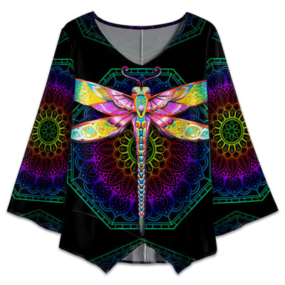 S Dragonfly Colorful Mandala Art - V-neck T-shirt - Owls Matrix LTD