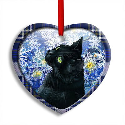 Pack 1 Christmas Black Cat Stary Snowy Night - Heart Ornament - Owls Matrix LTD
