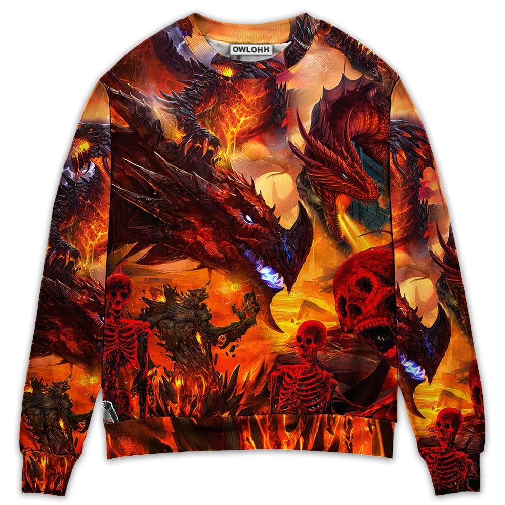Sweater / S Dragon Red Skull Fire Art Style - Sweater - Ugly Christmas Sweaters - Owls Matrix LTD