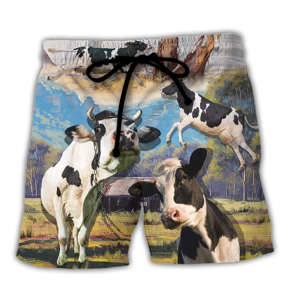 Cow Funny Dancing In The Australian Landscape Lover Cattle Art Style - Beach Short - Owls Matrix LTD