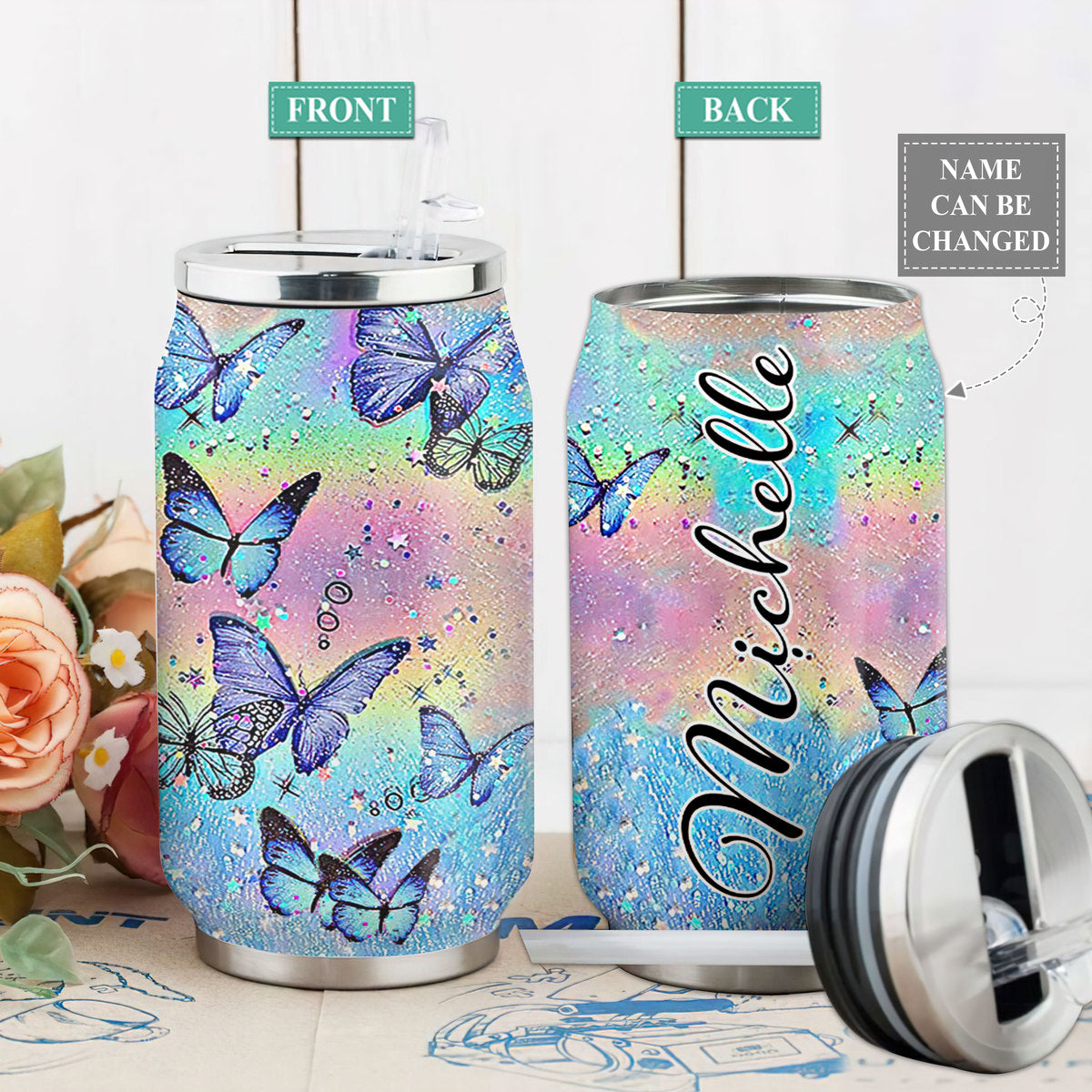 S Butterfly Rainbow Butterflies Personalized - Soda Can Tumbler - Owls Matrix LTD