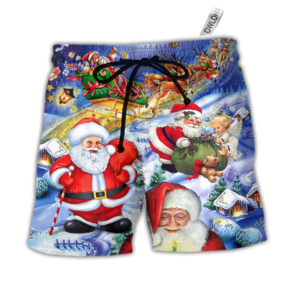 Beach Short / Adults / S Christmas Funny Santa Claus Happy Xmas Is Coming Art Style Cute - Beach Short - Owls Matrix LTD